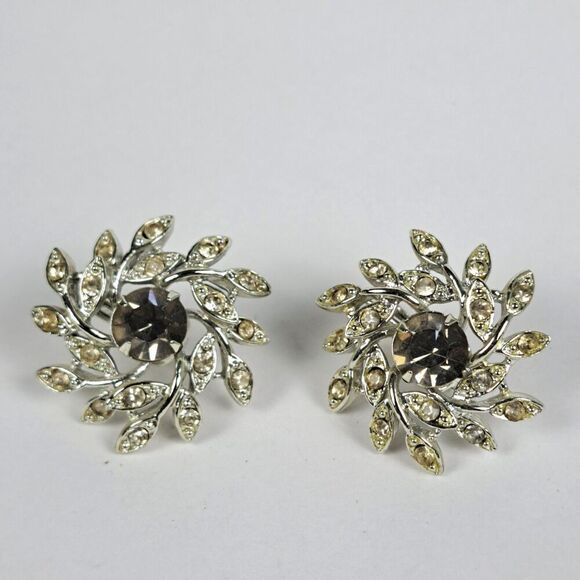 Vintage Sarah Coventry Clip On Earrings Silver Tone Smoky Rhinestone - Picture 1 of 9